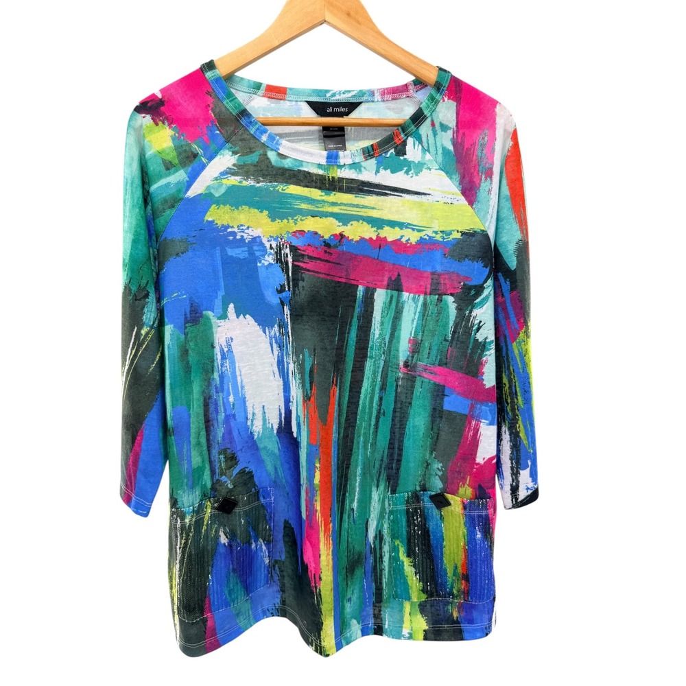 Ali Miles Round Neck Raglan Sleeve Sequin‎ Pocket Tunic Shirt Sz Medium Artsy